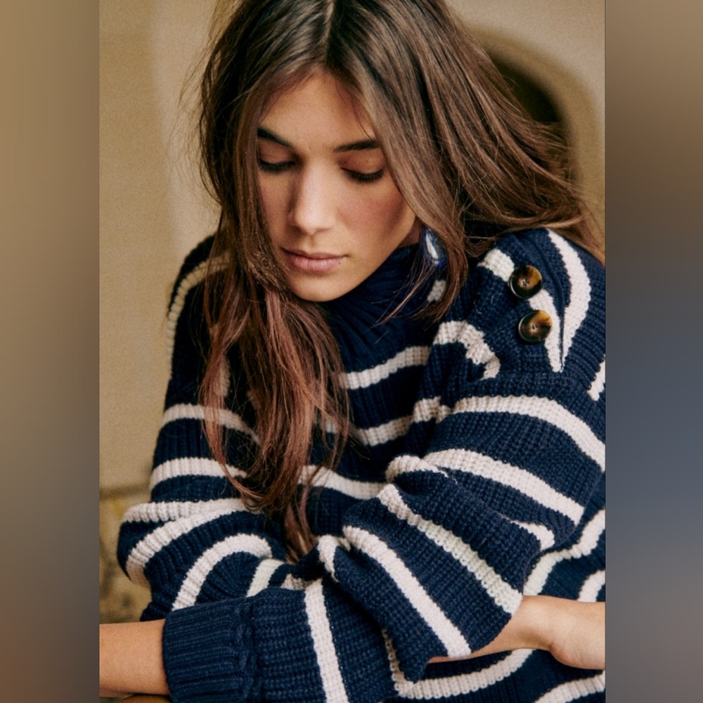Sezane Navy and Cream Striped Turtleneck Sweater